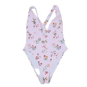 Forever 21 One Piece Swimsuit Pink White Stripe Floral Medium Bathing Suit